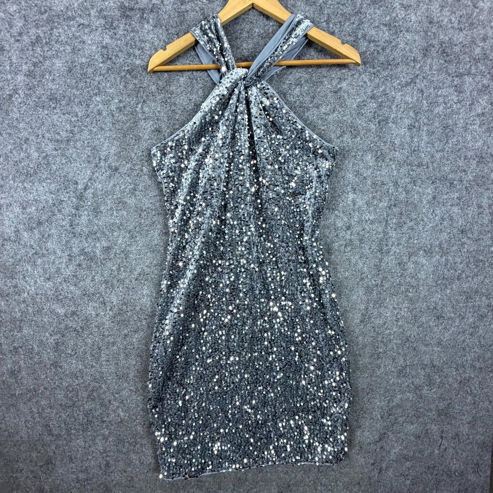 Grace Karin Bodycon Dress Womens Large Silver Sequin Halter Neck Sleeveless